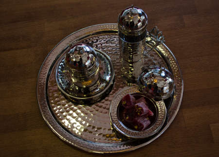 Turkish coffee and turkish delight with traditional cup and tray