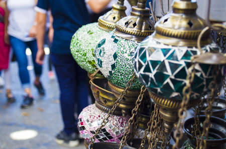 Multi-colored lamps hanging at the Grand Bazaar in Istanbul.の写真素材