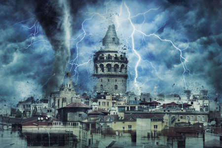 galata tower in the middle of the hurricaneの写真素材