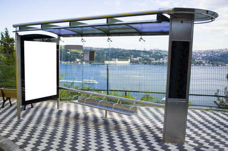 bus stop bus stop advertising, billboard in a very perfect view and bosphorus riverの写真素材