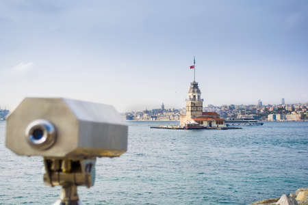 watching binoculars with Istanbul view and maiden's towerの写真素材