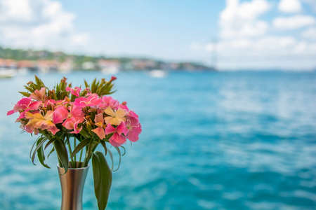 colorful flower bunch with sea background and bright skyの写真素材