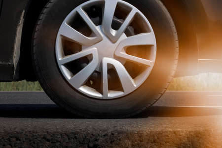 close up of a car wheel on the groundの写真素材