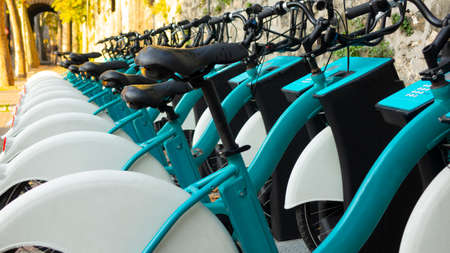 Long line of parked bikes in the automatic bike rental station, in the Park on the background of green treesの写真素材