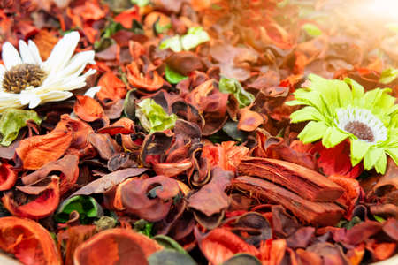 Multicolored dried flowers, used for soaps and perfumes as well as coloring, dyes and as an ingredient in foodsの写真素材