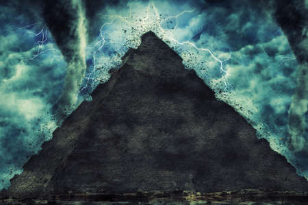 Egypt pyramid and the stone Sphinx on the Giza platou during the heavy storm, rain and lighting in...