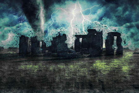 Stonehenge during the heavy storm, rain and lighting in England, creative pictureの写真素材