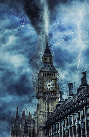 Tornado on Westminster Abbey - Dramatic Weather on City, tornado and lighting in England, creative...
