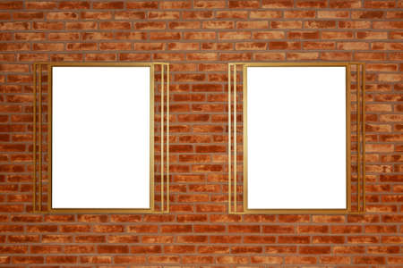 Two blank billboards attached to a buildings exterior brick wall.の写真素材
