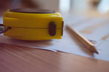 Architecture plan, roulette, eraser and pencilの写真素材
