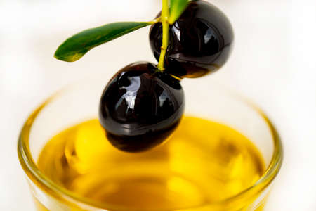 Olive oil and black olive branch isolated on white background