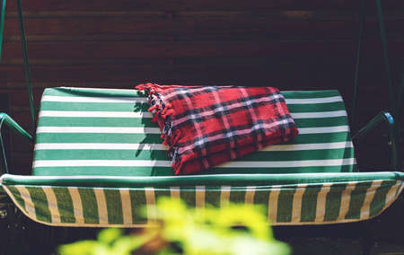 Green swing in the garden of a private house. Ready for swing enjoyment.の写真素材