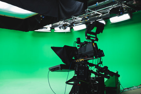 Professional green box tv studio. Prompter camera and studio lights ready for TV show. Tv industry.の写真素材
