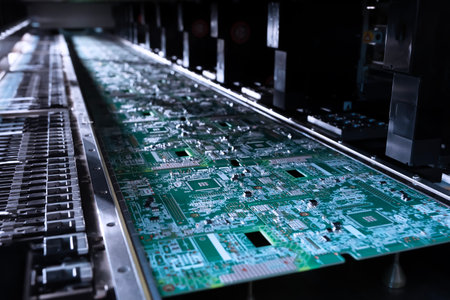 Automatic Pick and Place machine quickly install Components on Generic Circuit Board.Electronics and Circuit board Manufacturing.Computer circuit board assembly and robotic automatic flying test probeの写真素材