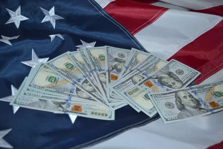 USA flag, close-up. Studio shot. USA flag background. Stars displaying on waving American flag in filled frame layout.の写真素材