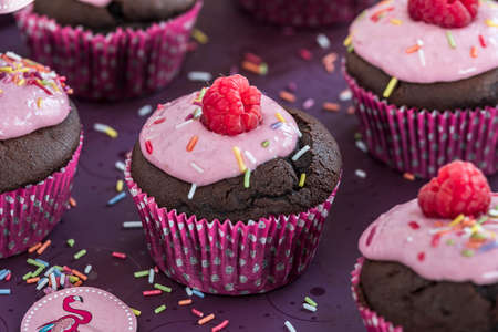 Chocolate cupcakes with raspberry cream, whole raspberry, sugar sprinkles and summer decoration. Closeup.の写真素材