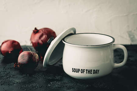 White bowl and lid with soup of the day lettering and red onions on black and white background. Copy space.の写真素材