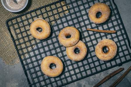 Sugared mini donuts with cinnamon on a cooling rack on a gray background, top viewの写真素材