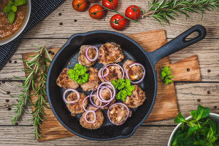 Meatballs with feta cheese in a cast-iron pan on a rustic wooden table, top viewの写真素材