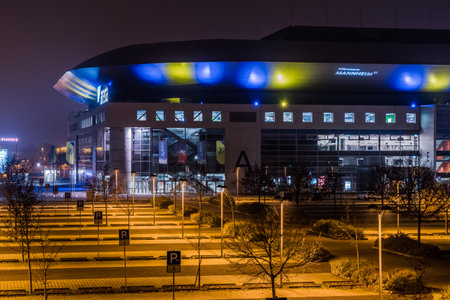 Mannheim, Baden-Wuerttemberg, Germany, November 26th 2020: SAP-Arena during a German DHB premier league handball match of Rhein-Neckar-Loewen without spectatorsのeditorial素材