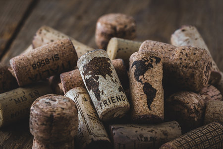 Two corks on a pile of used corks which show a world map and the word friendly. Background old wood. Concept of better world.の写真素材