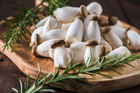 Closeup of raw king oyster mushrooms and rosmary on a wooden boardの写真素材