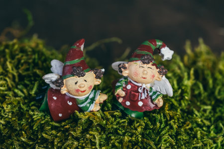 Closeup of two miniature christmas elves in natural moss, christmas decorationの写真素材
