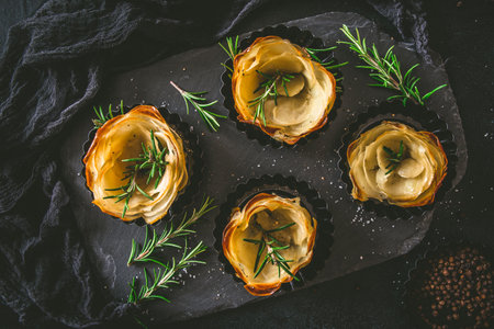 Baked crispy potato roses with rosemary on a slate on black background, top viewの写真素材