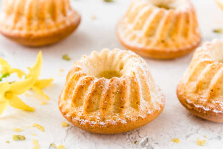 Homemade delicious mini lemon bundt cakes (muffins) on white backgroundの写真素材