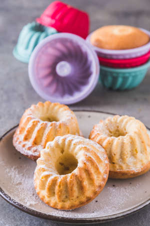 Homemade mini bundt cakes on a playte and colorful silicone cake molds on gray background, verticalの写真素材