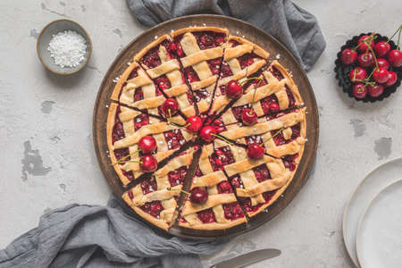 Homemade cherry pie on white background, top viewの写真素材