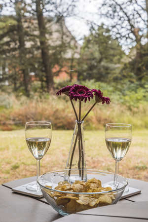 Two glasses of wine and a snack on a garden table, verticalの写真素材