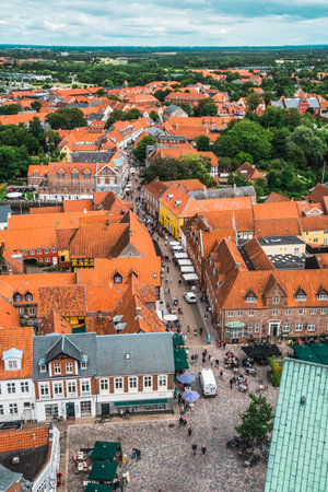 Ribe, Denmark - August 3, 2021: Top view of the oldest Danish town Ribe in southern Denmark, verticalのeditorial素材