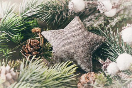 Christmas decoration with fir branches and silver starの写真素材