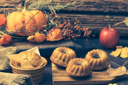 Homemade mini apple guglhupf, bundt cakes, muffins, on rustic background with autumn decorationの写真素材