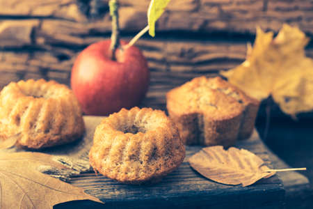 Homemade mini apple guglhupf, bundt cakes, muffins, on rustic wooden backgroundの写真素材