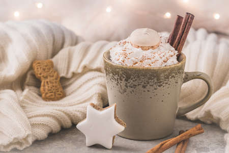 Cup of coffee or hot chocolate with cream, cinnamon and christmas cookies, fairy lights in the backgroundの写真素材
