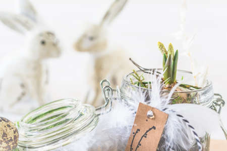Mini hyacinth in mason jar decorated with feathers and easter bunny, spring or easter decorationの写真素材