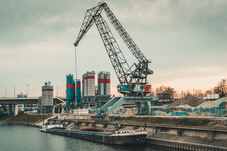 Mannheim, Germany - March 26, 2021: Gravel works with excavators in the port area of Mannheimのeditorial素材