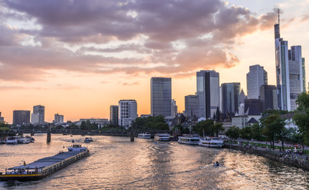 Frankfurt am Main, Germany - September 4th, 2021: View of the Frankfurt am Main skyline at dusk, Germanyのeditorial素材