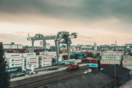 Mannheim, Germany - March 26th, 2021: Freight containers in the container port of the inland port of...