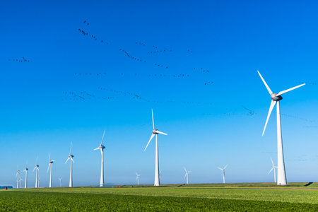 Wind turbines behind the dyke of the IJsselmeer on a summer day