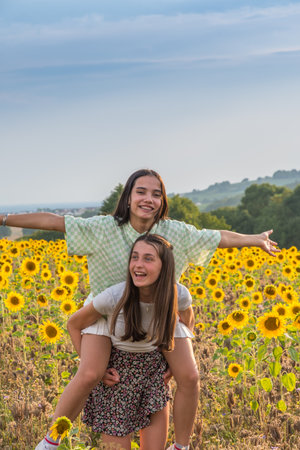 Two girls in a sunflower field, vertical with copy spaceの写真素材
