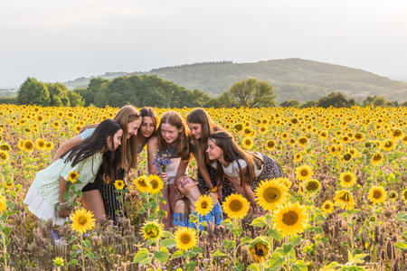 Teenage girls having fun in a sunflower field on a late summer afternoon, copy spaceの写真素材