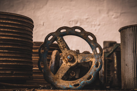 Very old rusty machine accessories on a shelfの写真素材