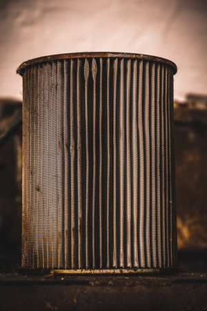 Old oil filter on a shelf, verticalの写真素材