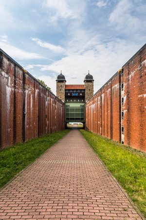 Old boat lift, floodgate in Ruhr Area, Waltrop, Henrichenburg, Germany, Europe, copy spaceの写真素材