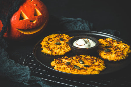 Baked pumpkin fritters served with sour cream on black backgroundの写真素材
