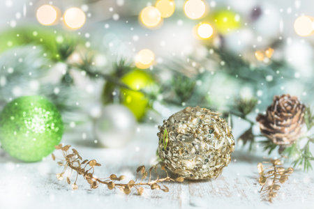 Christmas decoration with light green colors on abstract background, soft focusの写真素材