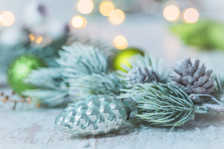 Christmas decoration with light green colors on abstract background, soft focusの写真素材